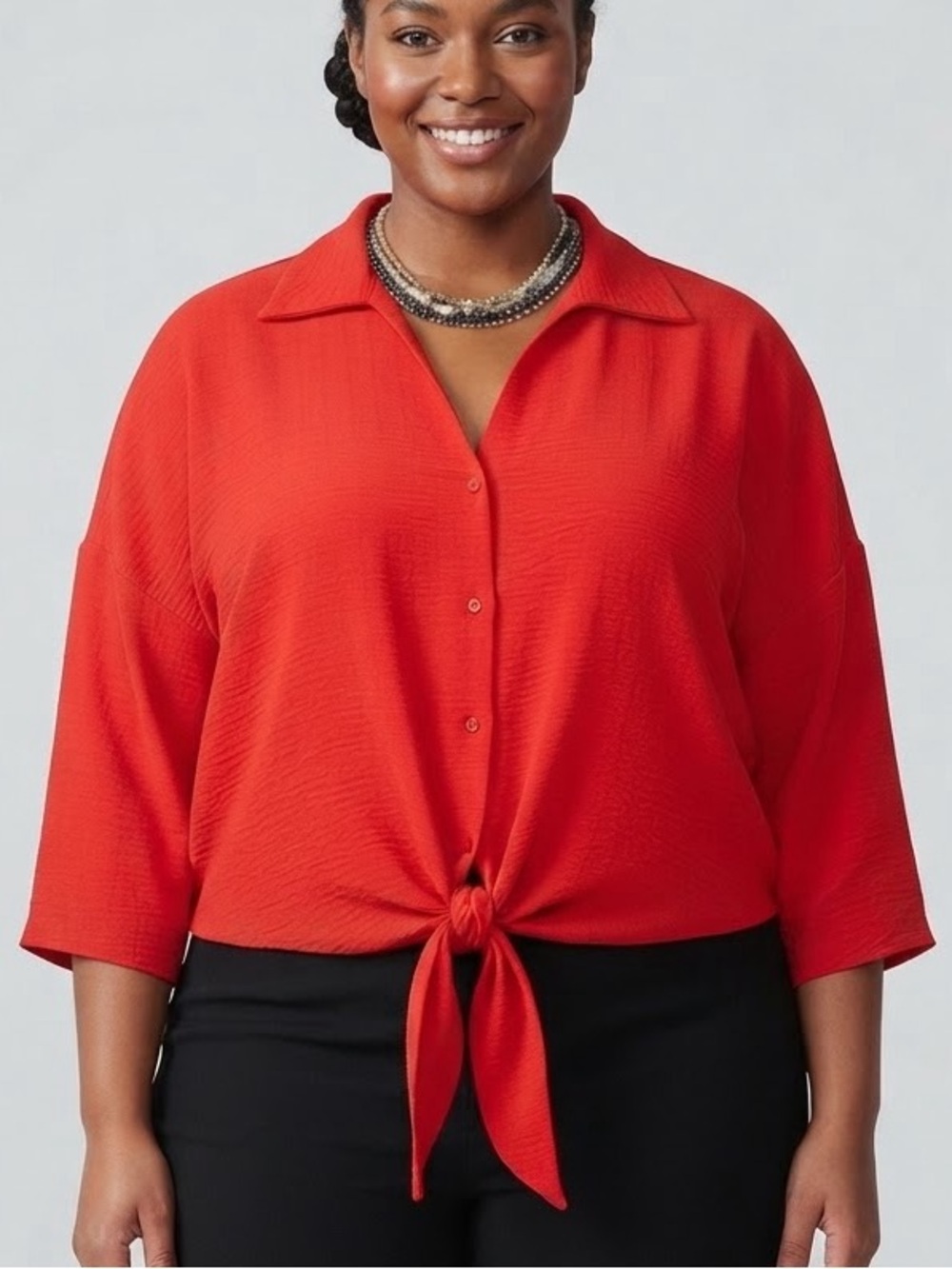 C BY ONE Red Tie-Front Button Down Shirt